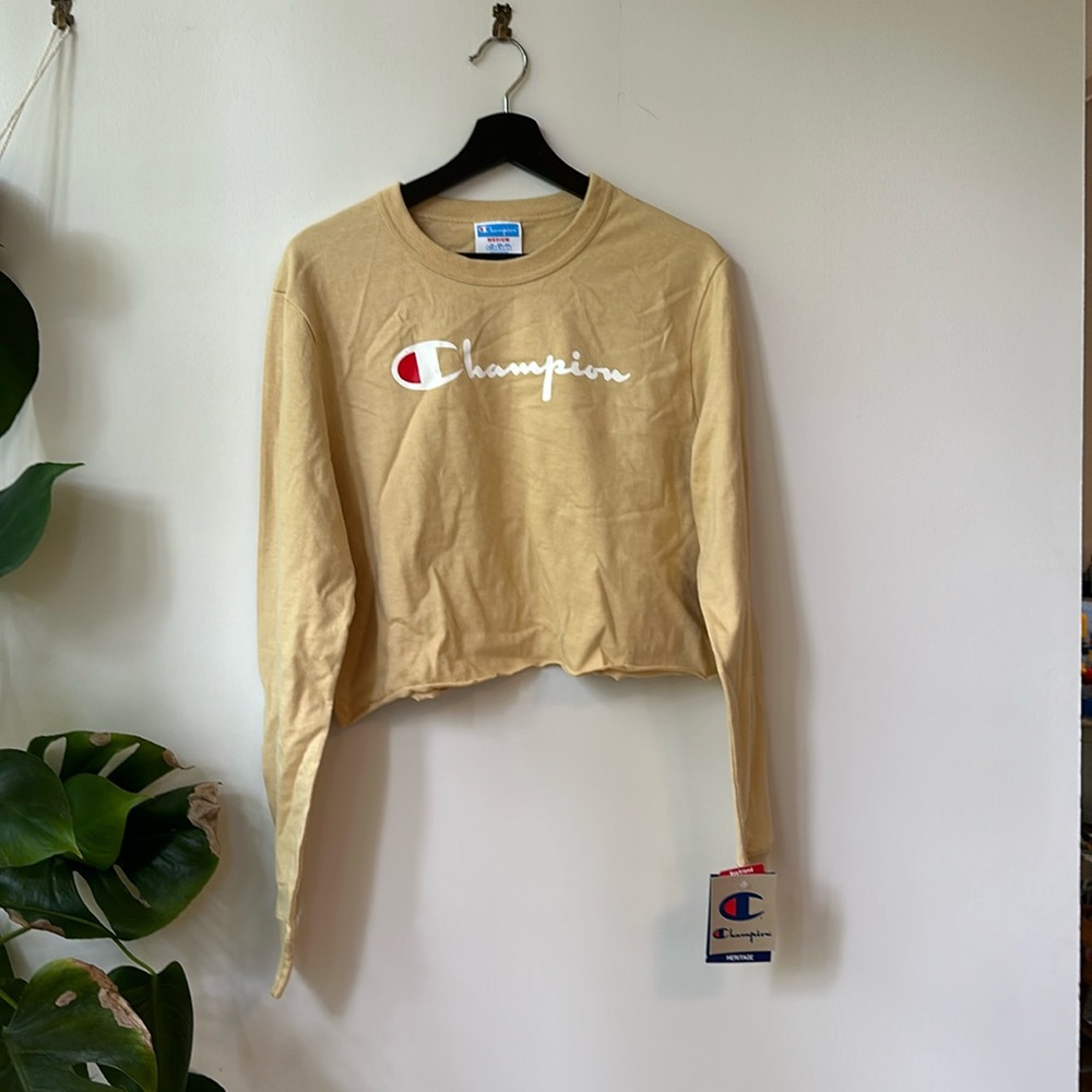 Long sleeve tee. Cropped. Tan. Champion brand.